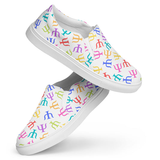 Bright Rainbow on White Psych Symbol Slip-on Canvas Shoes (Women's Sizes)