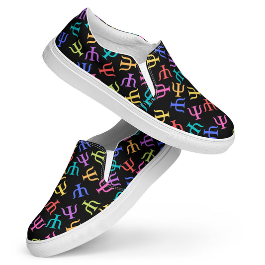 Bright Rainbow on Black Psych Symbol Slip-on Canvas Shoes (Women's Sizes)
