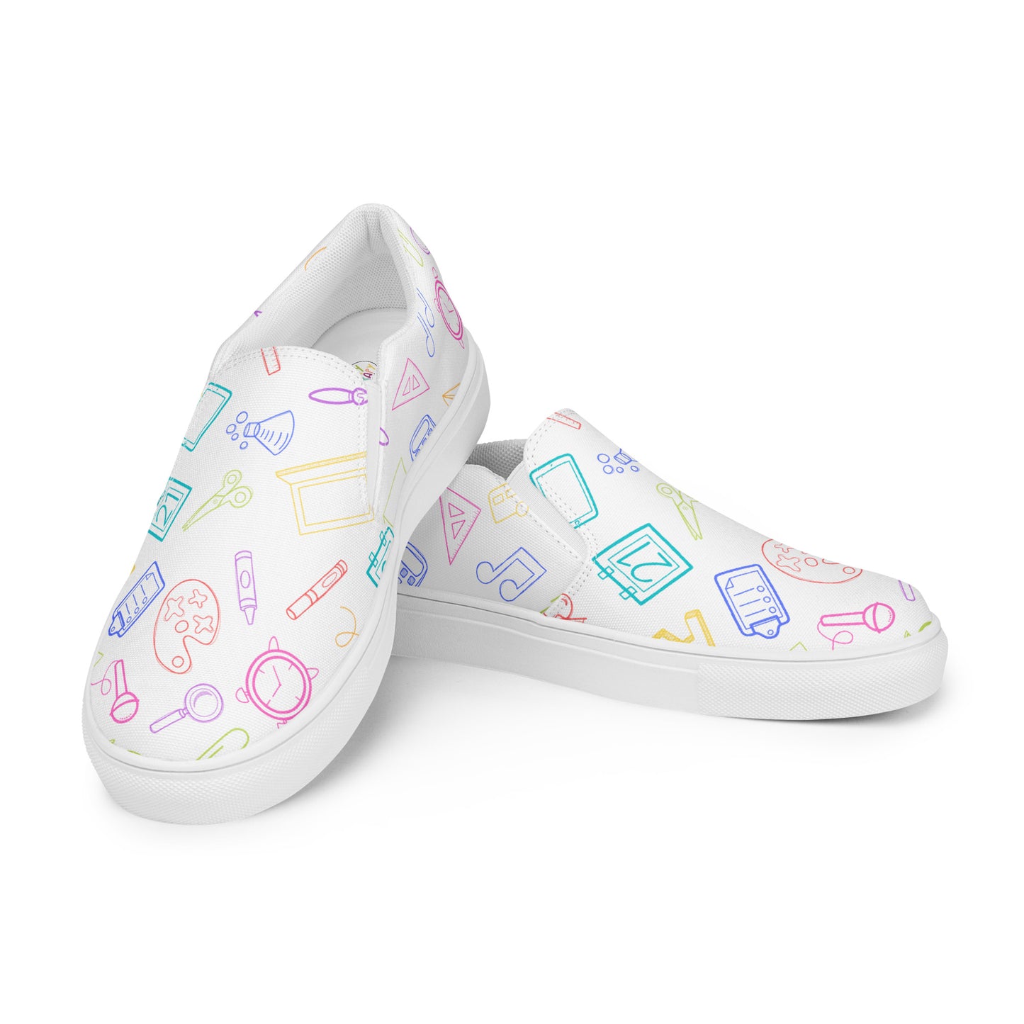 Bright Rainbow on White Elementary Doodles Slip-on Canvas Shoes (Women's Sizes)