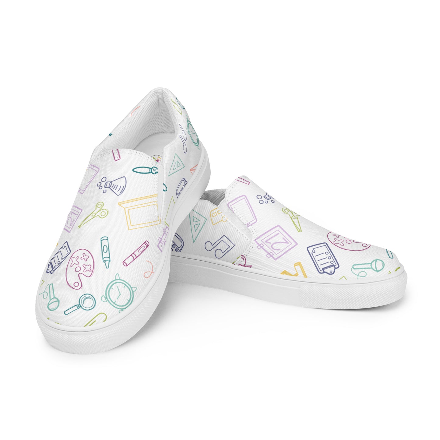 Muted Rainbow on White Elementary Doodles Slip-on Canvas Shoes (Women's Sizes)