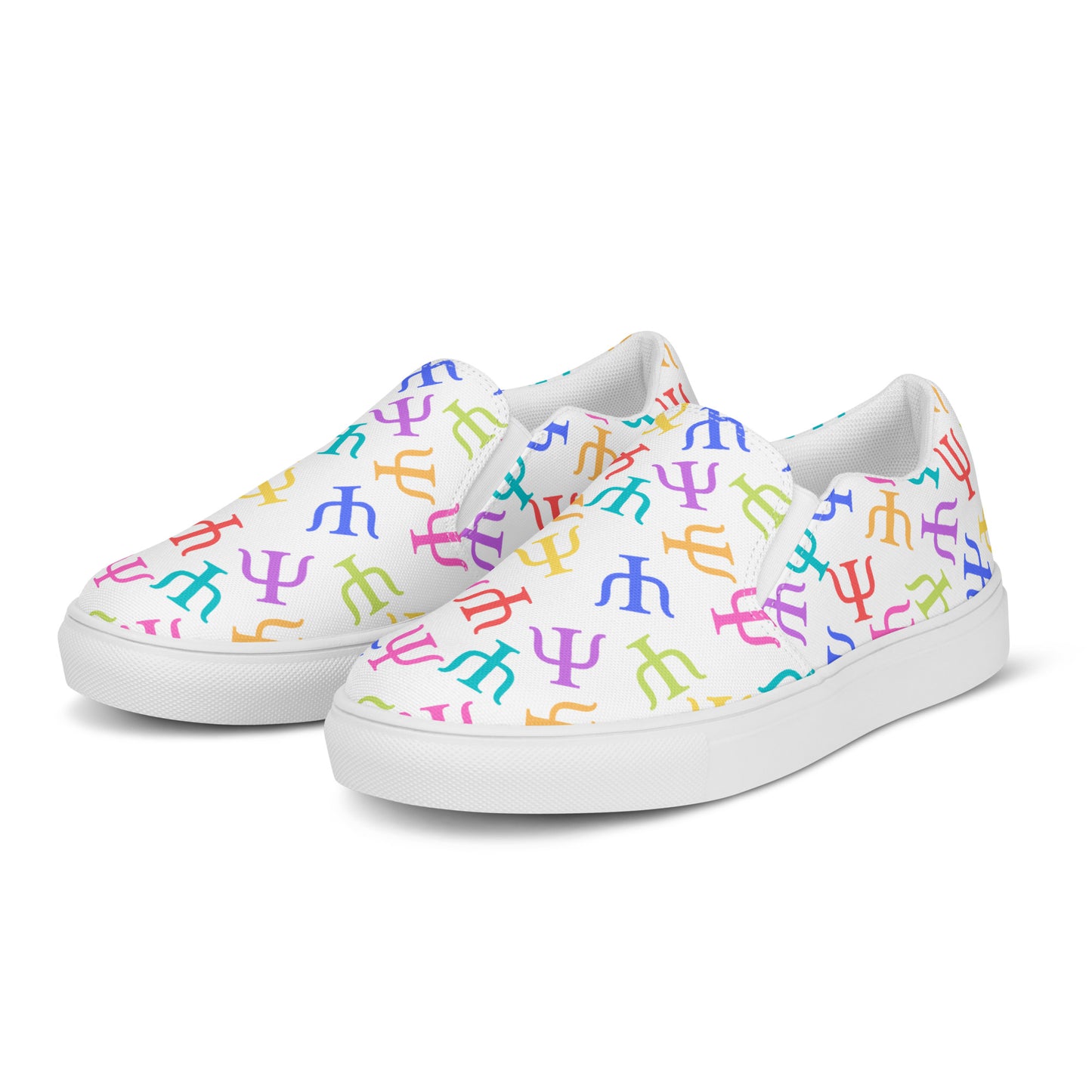 Bright Rainbow on White Psych Symbol Slip-on Canvas Shoes (Women's Sizes)