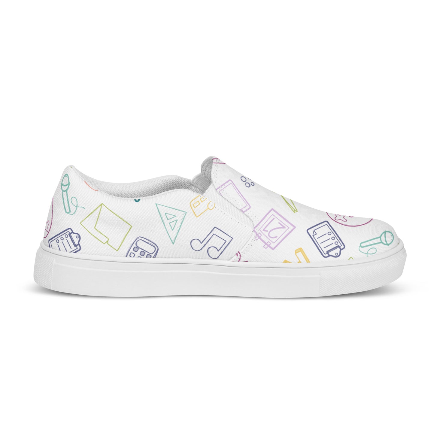 Muted Rainbow on White Elementary Doodles Slip-on Canvas Shoes (Women's Sizes)