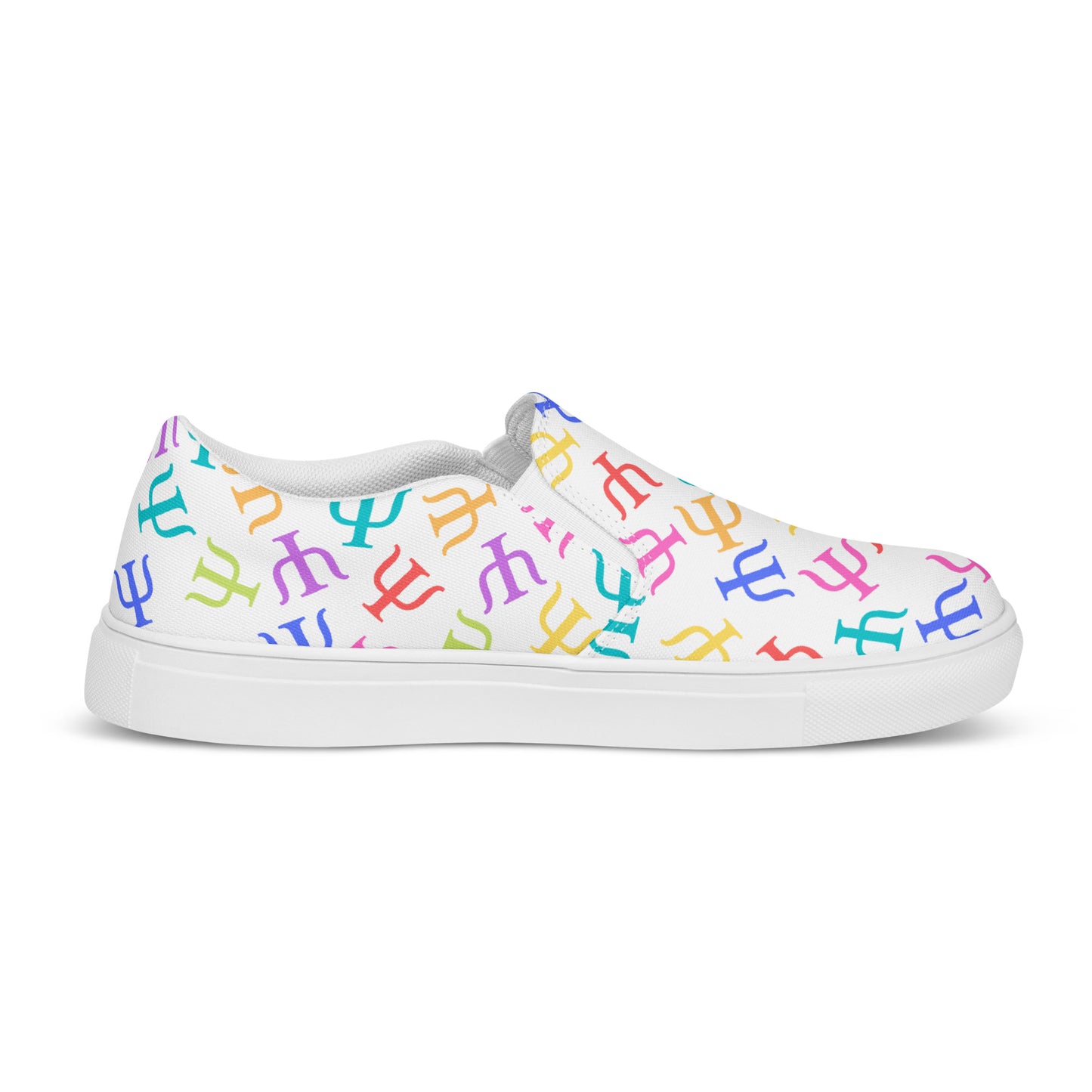 Bright Rainbow on White Psych Symbol Slip-on Canvas Shoes (Women's Sizes)