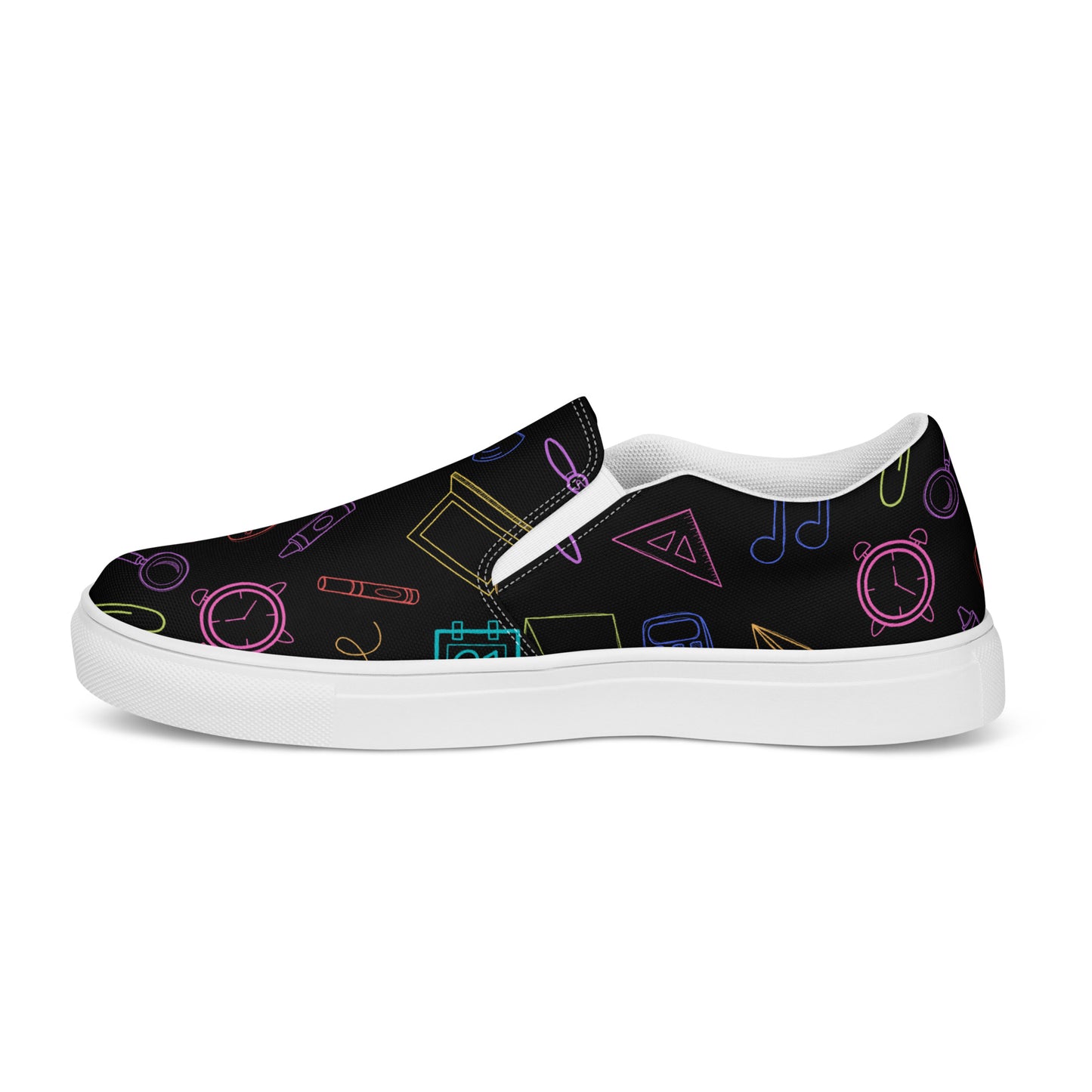 Bright Rainbow on Black Elementary Doodles Slip-on Canvas Shoes (Women's Sizes)