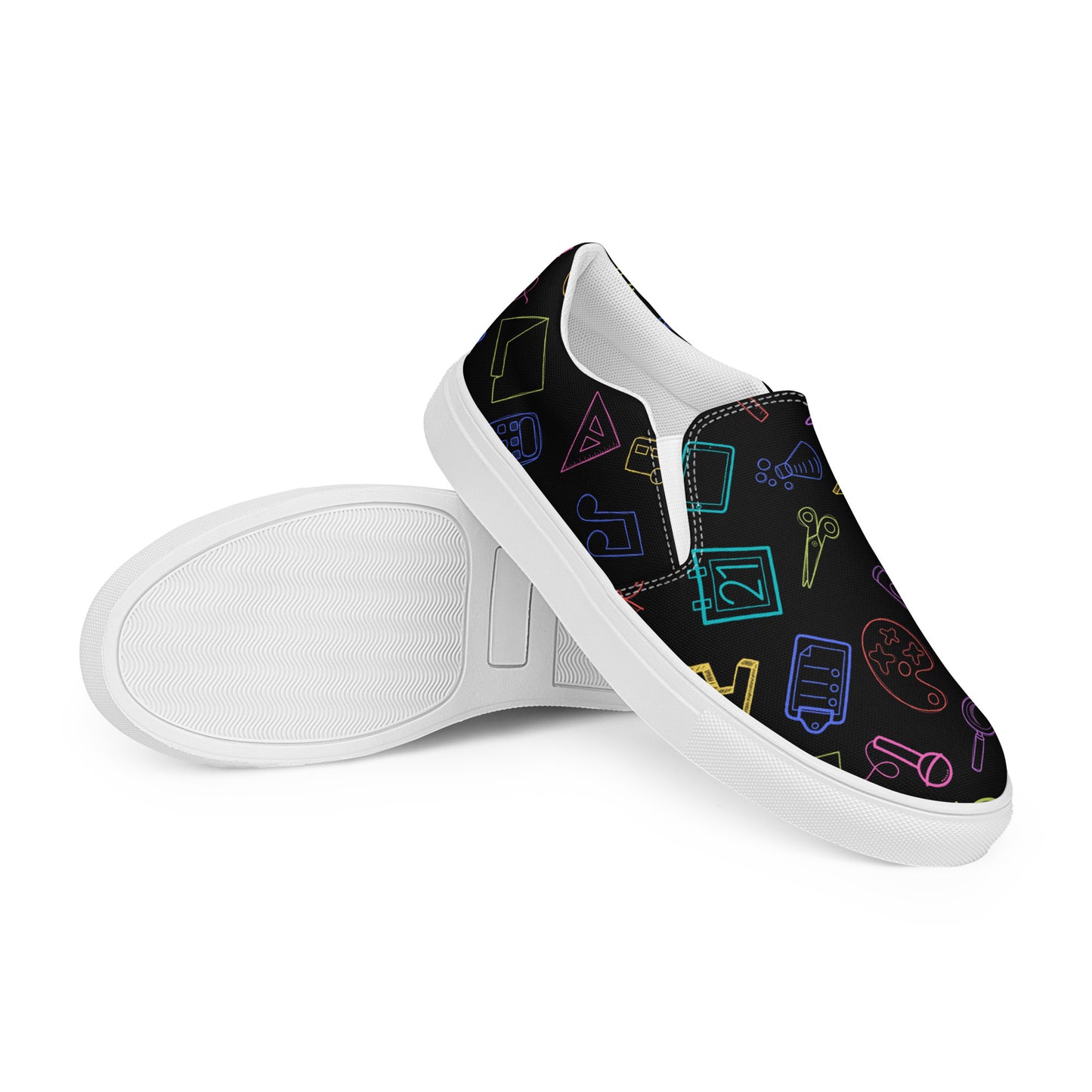 Bright Rainbow on Black Elementary Doodles Slip-on Canvas Shoes (Women's Sizes)