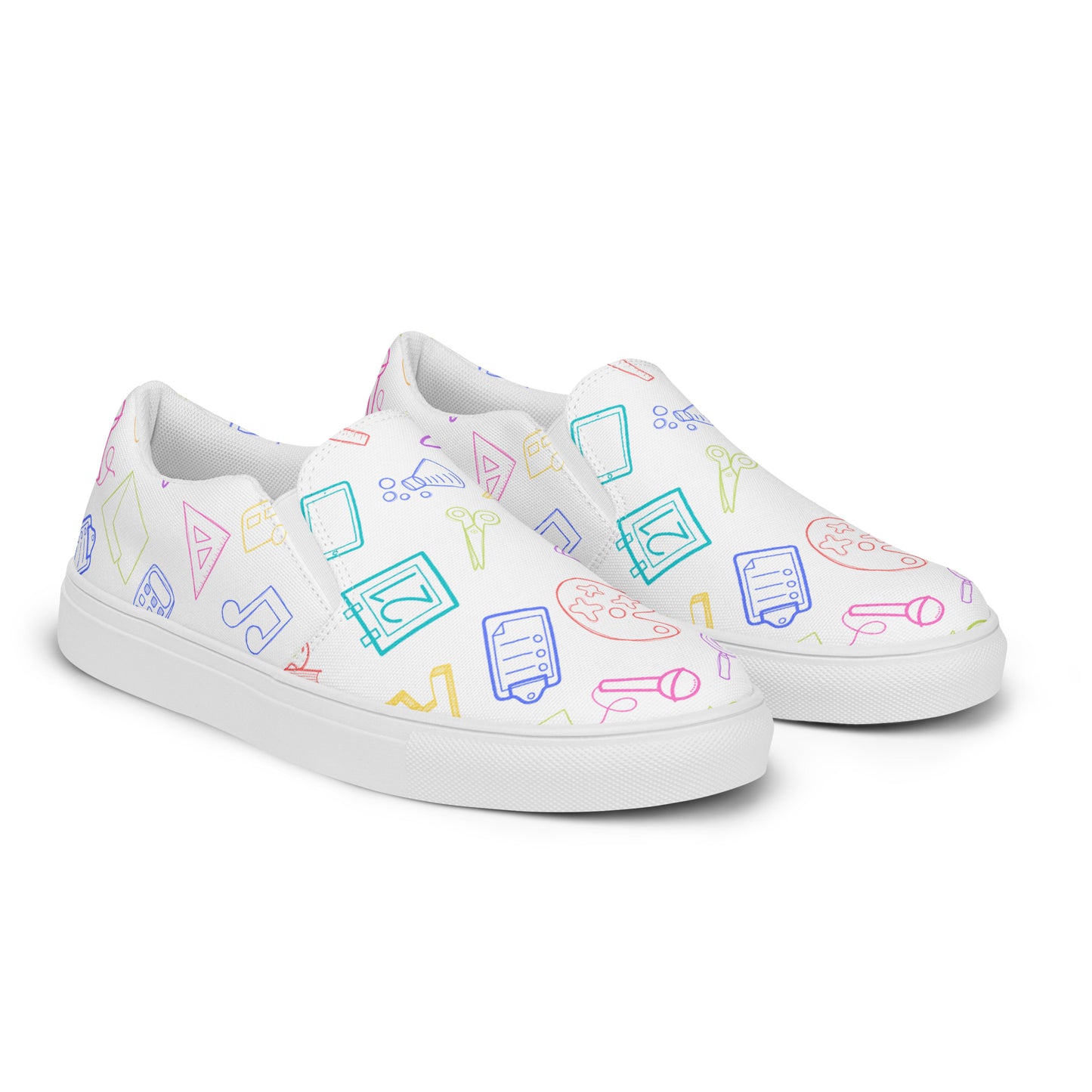 Bright Rainbow on White Elementary Doodles Slip-on Canvas Shoes (Women's Sizes)