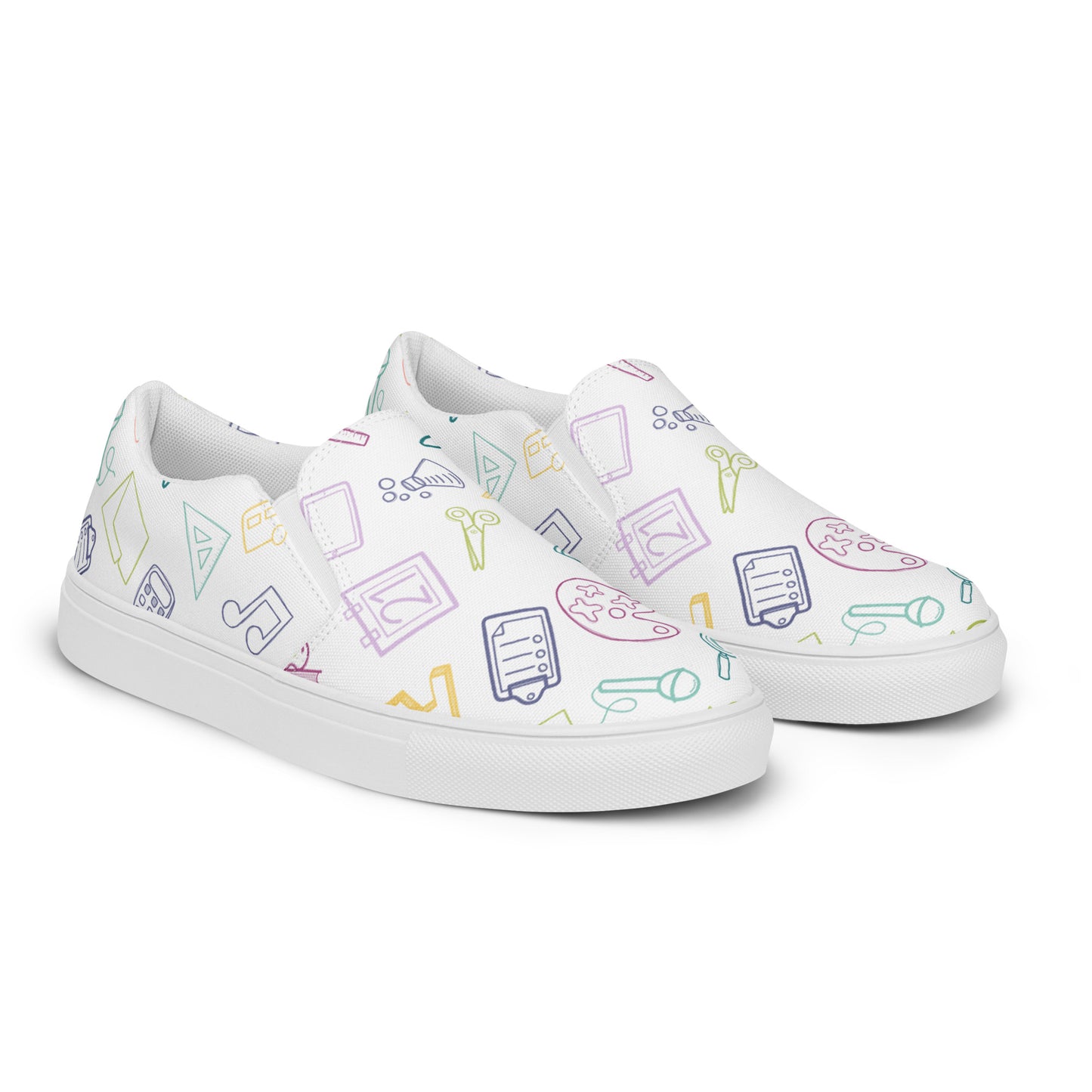 Muted Rainbow on White Elementary Doodles Slip-on Canvas Shoes (Women's Sizes)