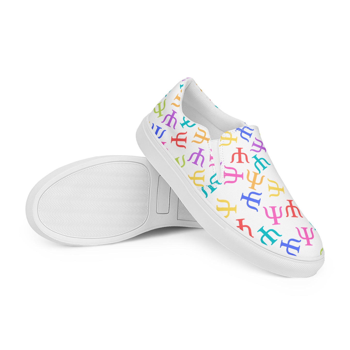 Bright Rainbow on White Psych Symbol Slip-on Canvas Shoes (Women's Sizes)