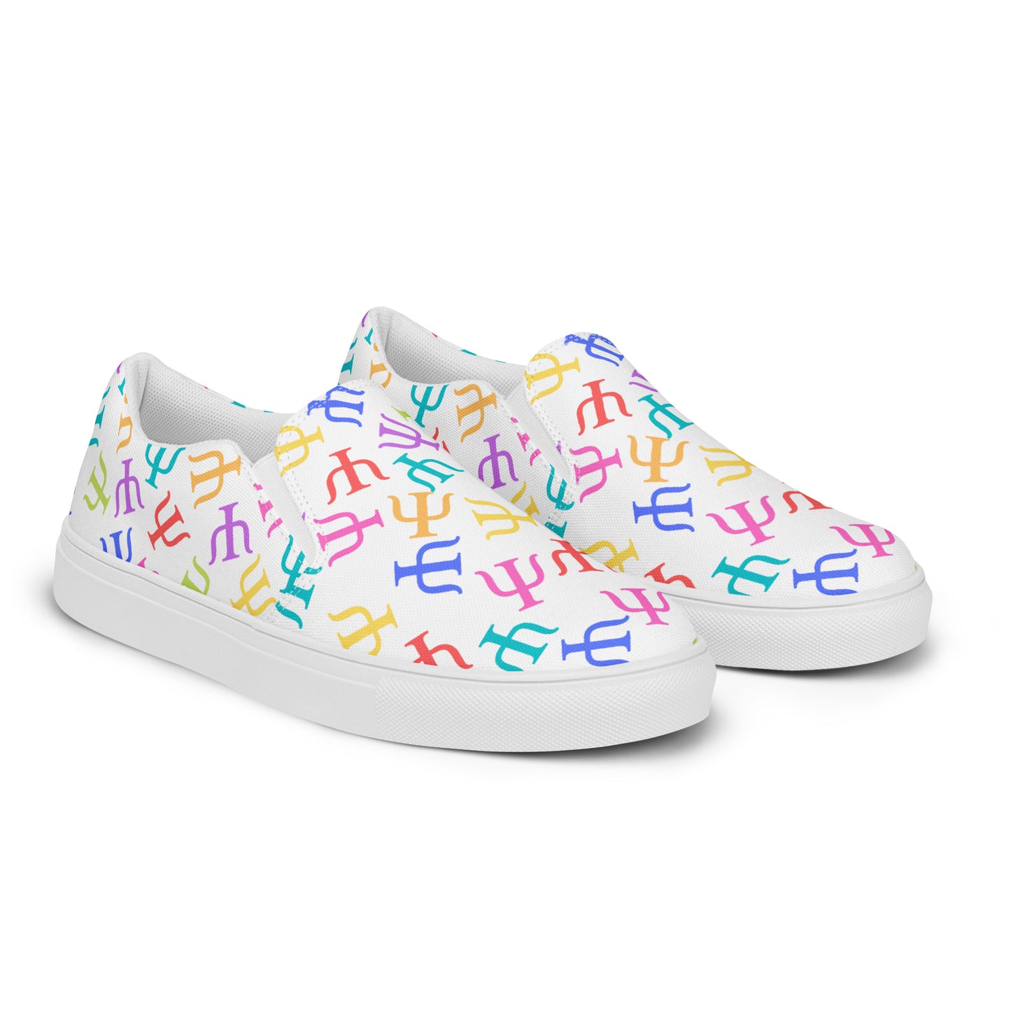 Bright Rainbow on White Psych Symbol Slip-on Canvas Shoes (Women's Sizes)