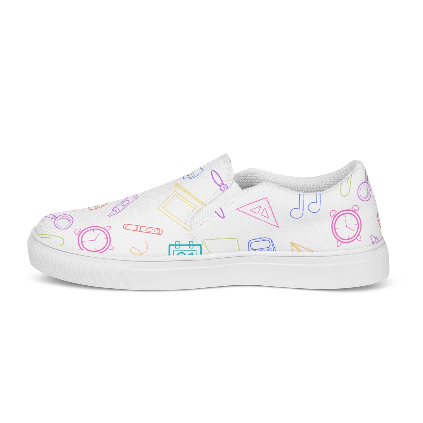 Bright Rainbow on White Elementary Doodles Slip-on Canvas Shoes (Women's Sizes)