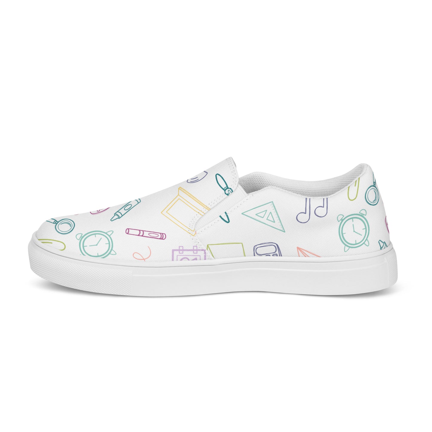 Muted Rainbow on White Elementary Doodles Slip-on Canvas Shoes (Women's Sizes)