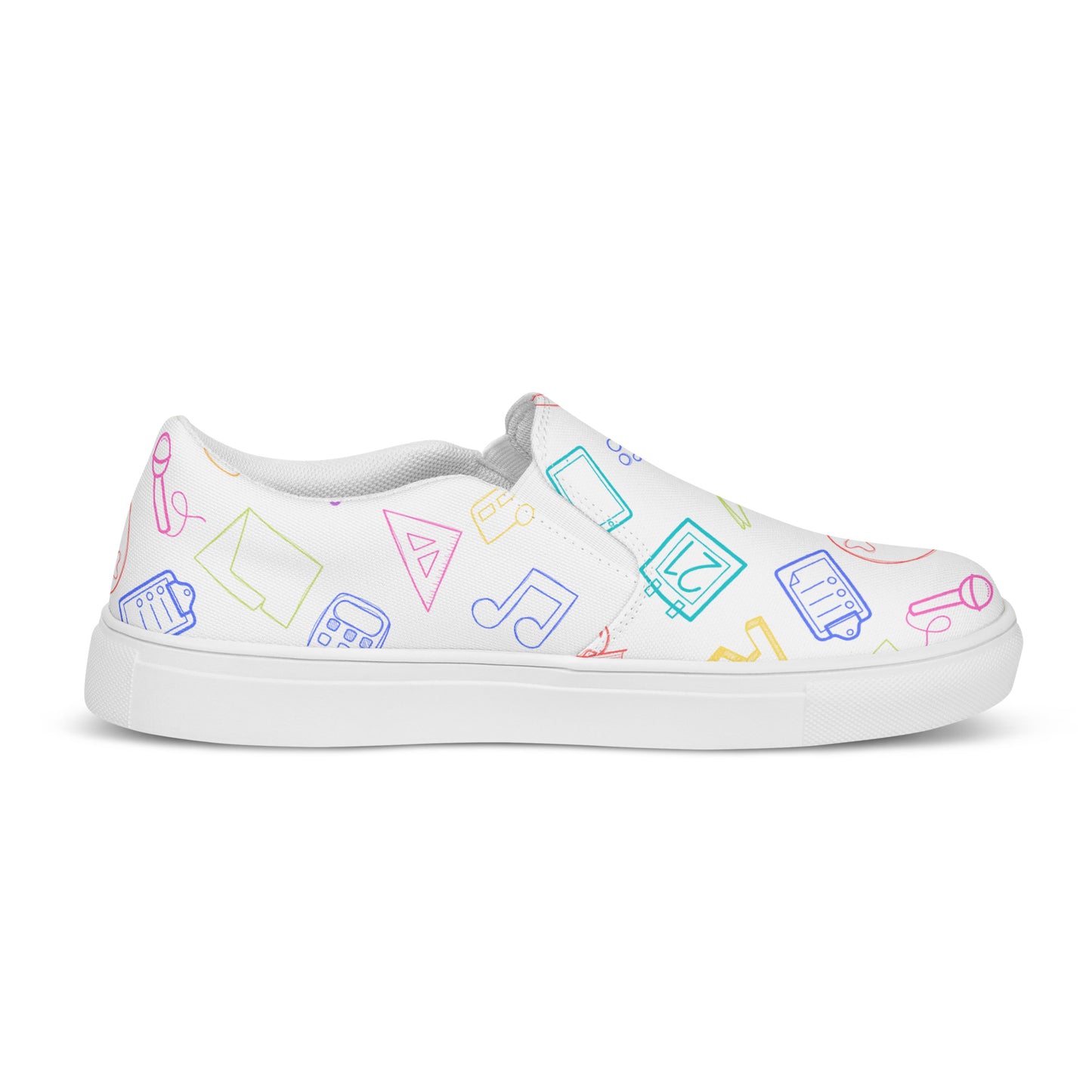 Bright Rainbow on White Elementary Doodles Slip-on Canvas Shoes (Women's Sizes)